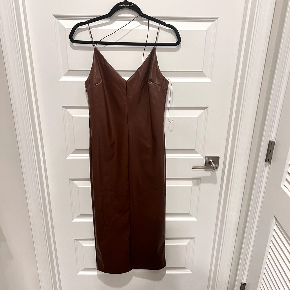 Fashion Nova XL Brown Vegan Leather Slip Dress Back Slit Spaghetti Strap NWT